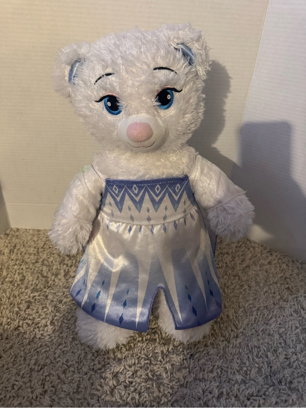 Build-A-Bear White Plush Bear with Blue Dress and Pink Nose